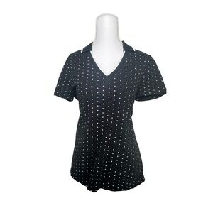 Tommy Hilfiger Womens Large Black White Polka Dot V-Neck Polo Shirt Short Sleeve
